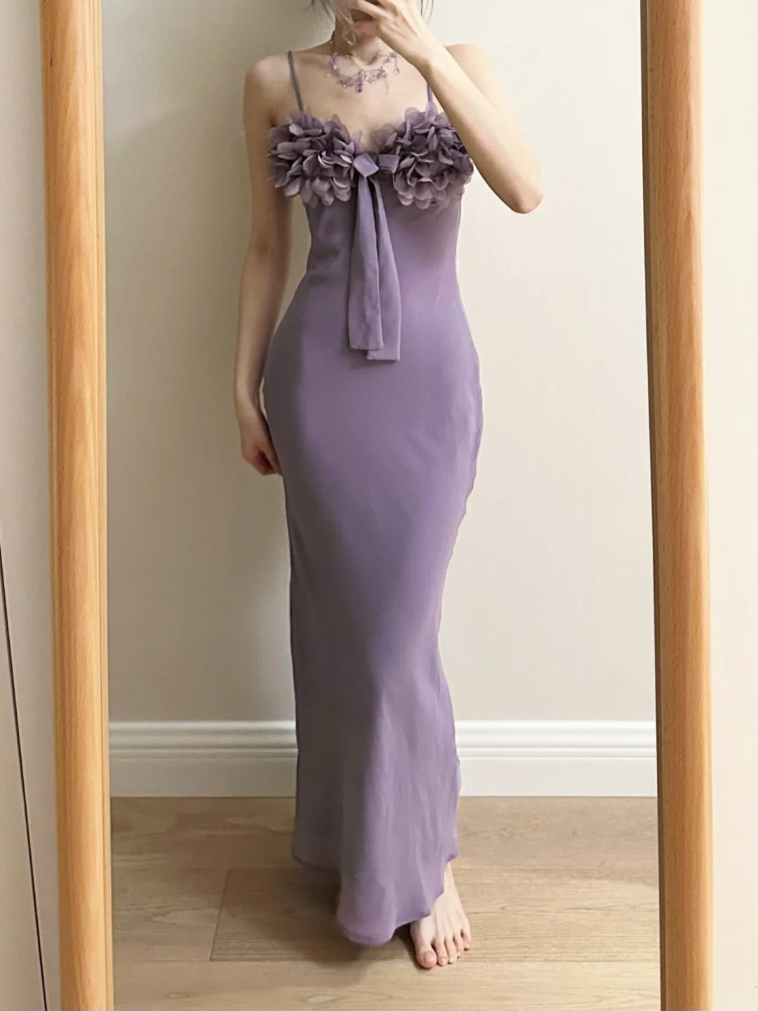 Elegant Purple Mermaid 3D Flower Bow Thin Strap Satin Long Prom Dress Evening Dress Bridesmaid Dress P4262