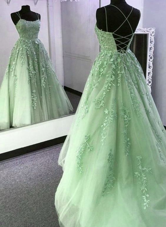 Light Green Prom Dresses Long A line Tulle Formal Evening Dress