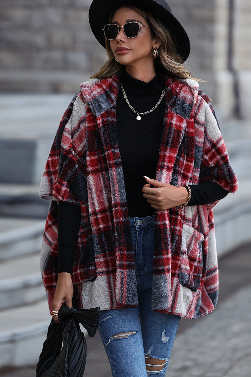 Fuzzy Plaid Hooded Short Sleeve Coat Red / S coats