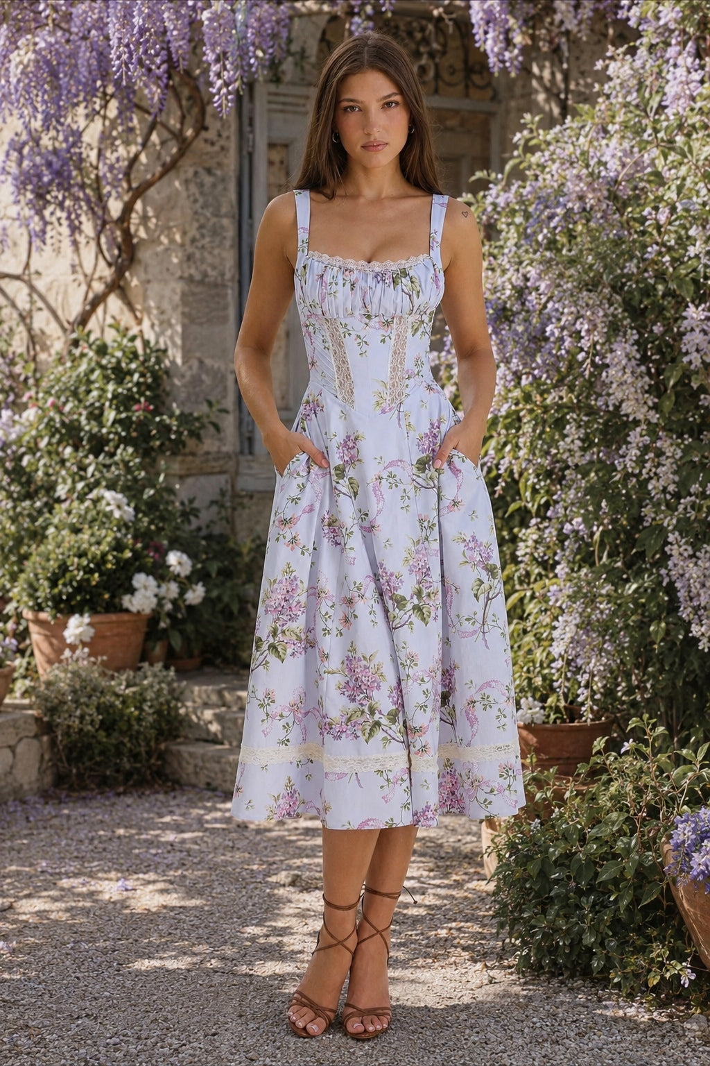 Square Neck Lace Trim Corset Fit and Flare Midi Dress 4