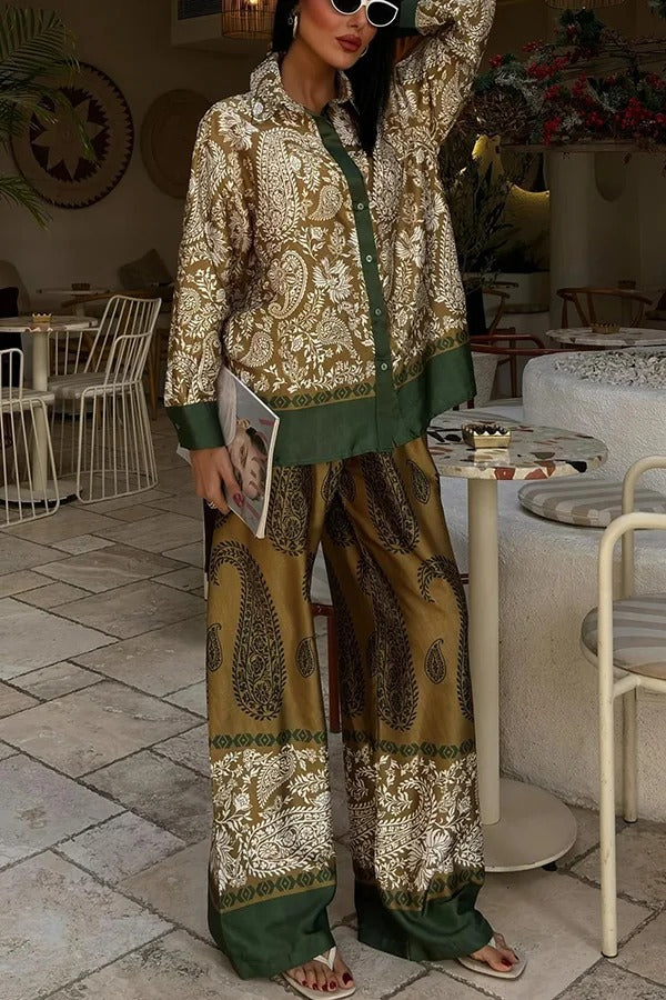 Naya Satin Contrast Color Paisley Long Sleeve Shirt and Elastic Waist Pocketed Pants Set - Fashionpara