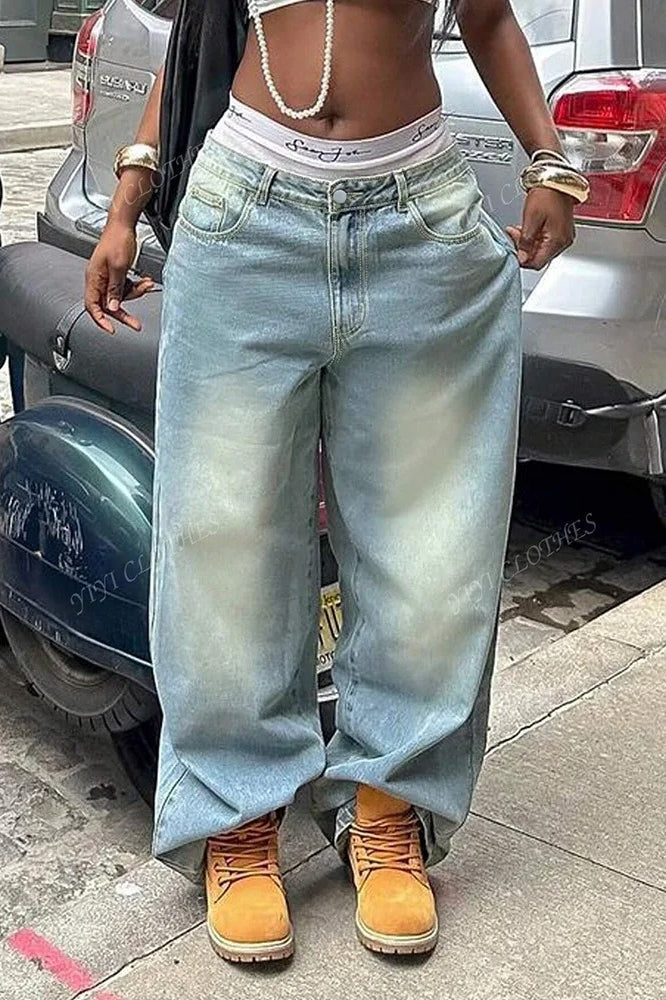 Vintage Washed Loose Fit High Waist Jeans