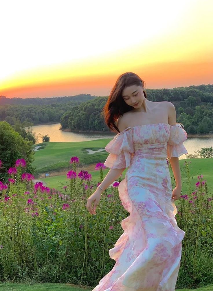 Elegant Flowers Pink Prom Dress Long Party Birthday Outfits