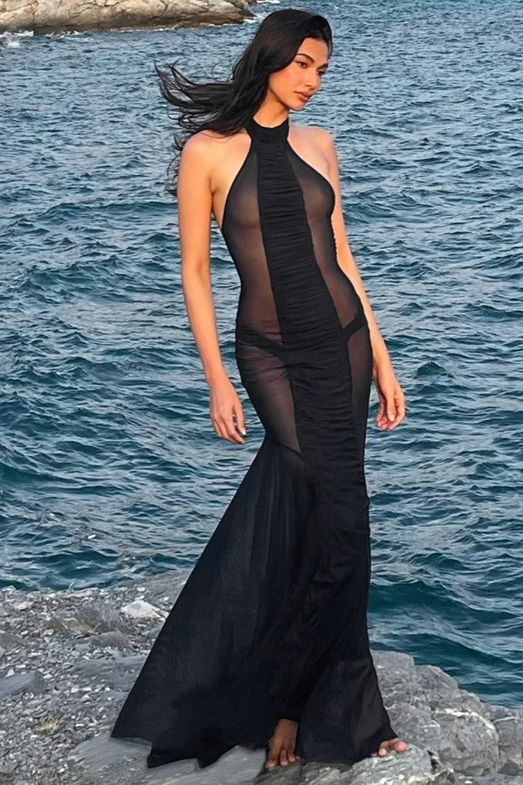 Halter Neck Ruched Mesh Mermaid Maxi Gown 2
