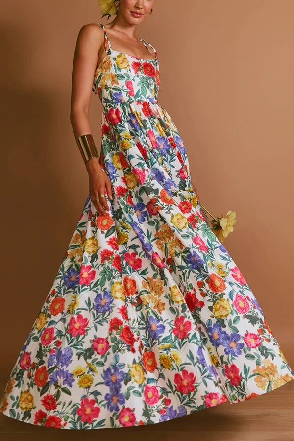 Garden Wedding Floral Print Back Tie-up Pocketed Slit Maxi Dress - Fashionpara