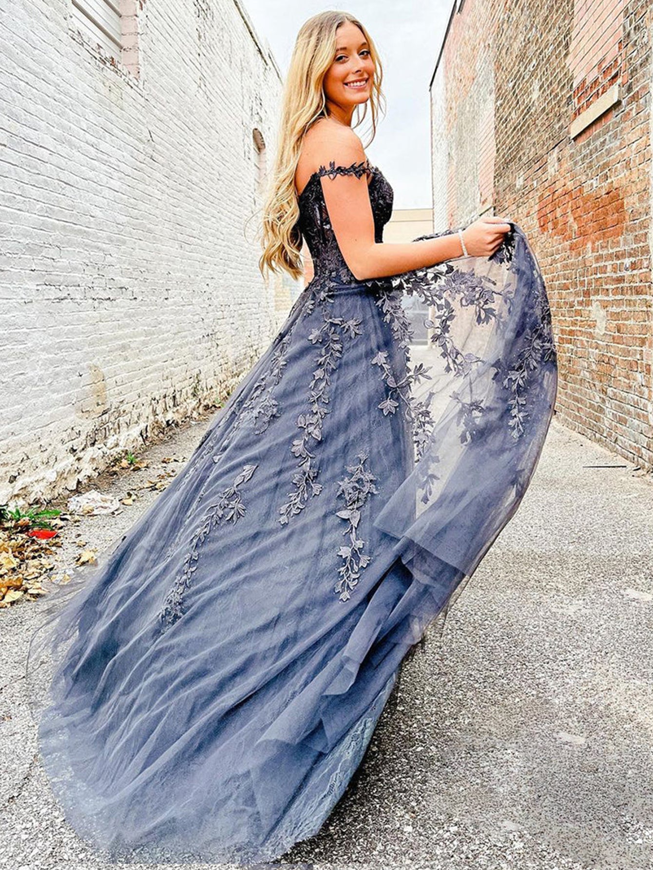 A Line Navy Straps Lace Long Prom Dress - Fashionpara