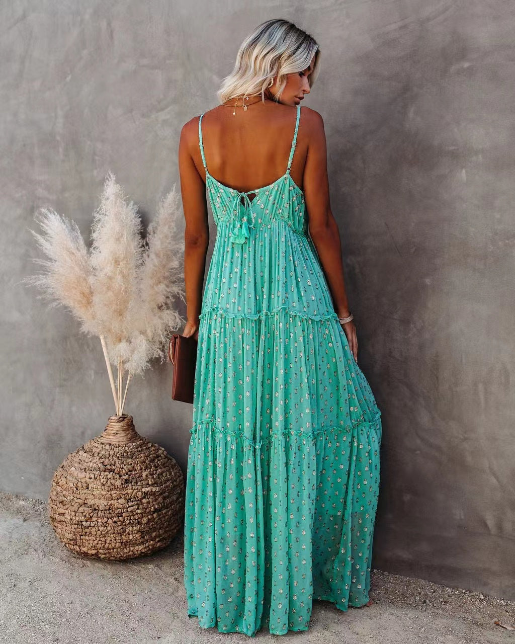 Dotted V-Neck Sleeveless Tiered Maxi Dress