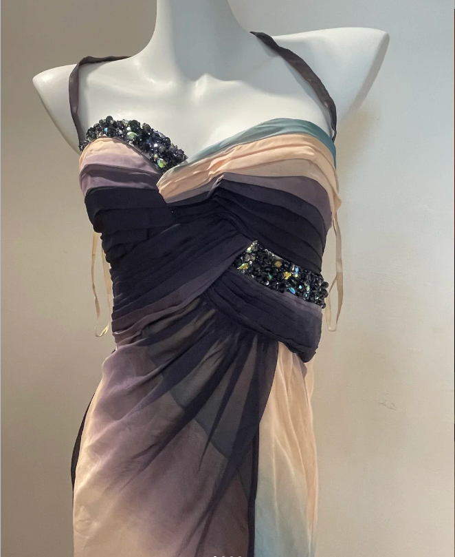 Dreamy Gradient Mermaid Halter Neck Beaded Chiffon Long Prom Dress Evening Dress P4267