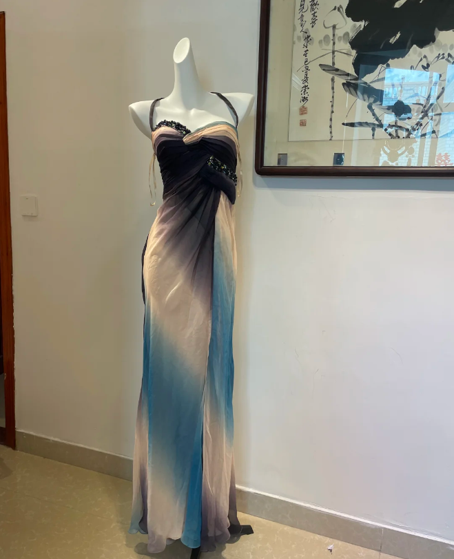 Dreamy Gradient Mermaid Halter Neck Beaded Chiffon Long Prom Dress Evening Dress P4267