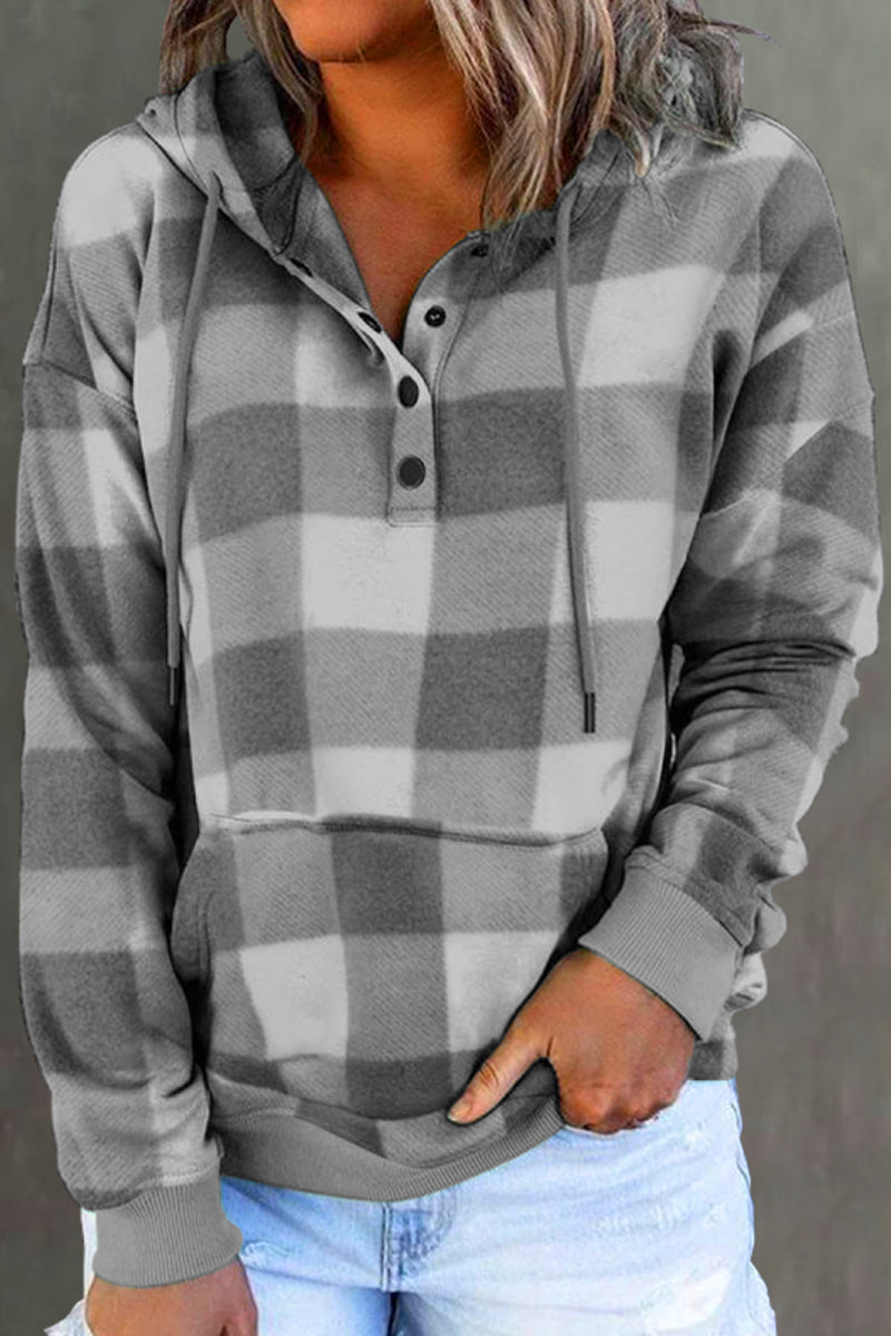 Retro Style Plaid Button Drawstring Hoodie - Fashionpara