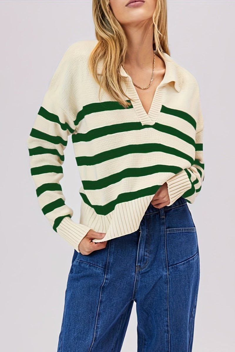 Striped Wool Collar V-Neck Sweater 7