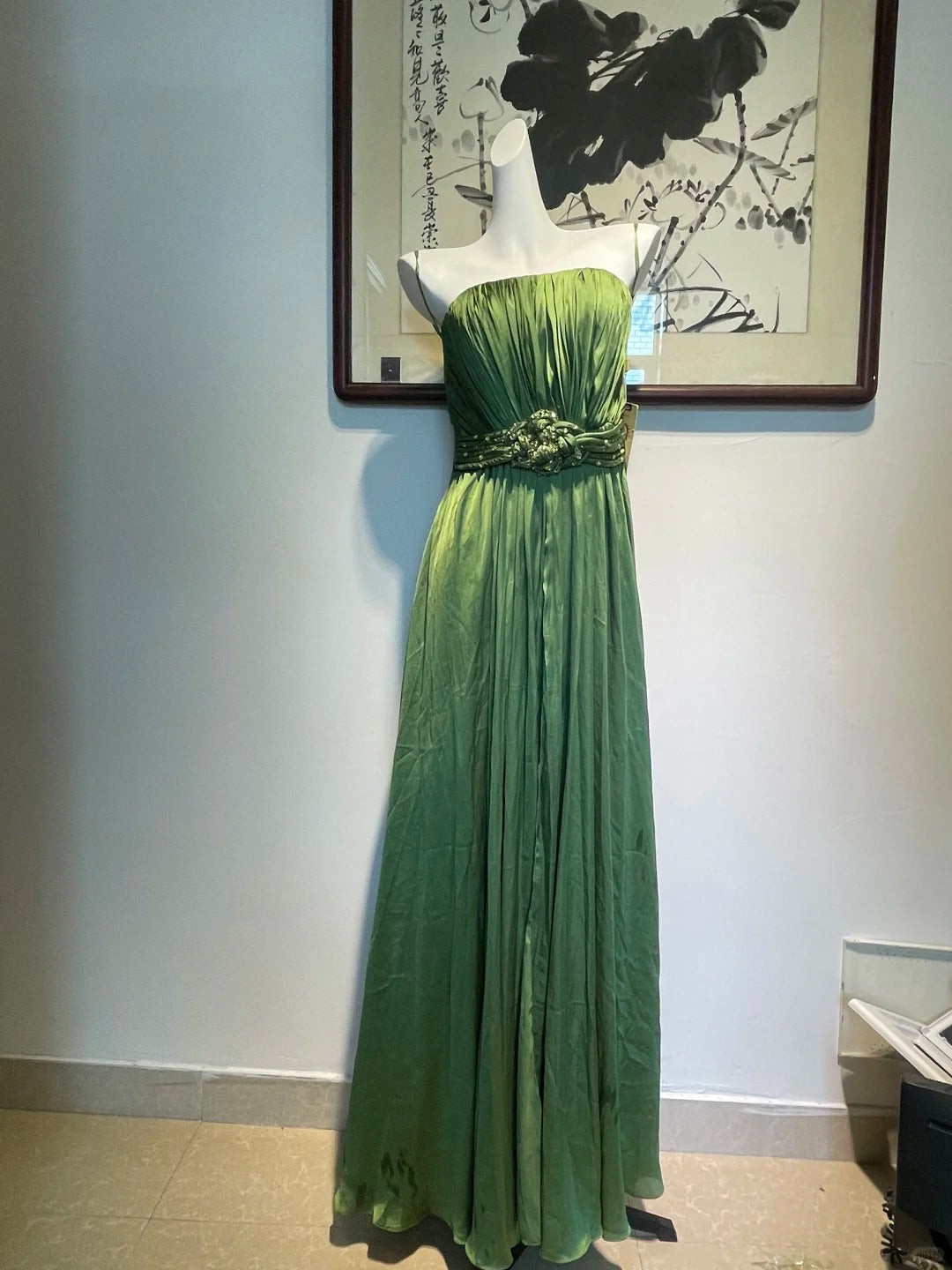Elegant Green A-line Spaghetti Strap Pleated Beaded Satin Long Prom Dress Evening Dress Bridesmaid Dress P4269