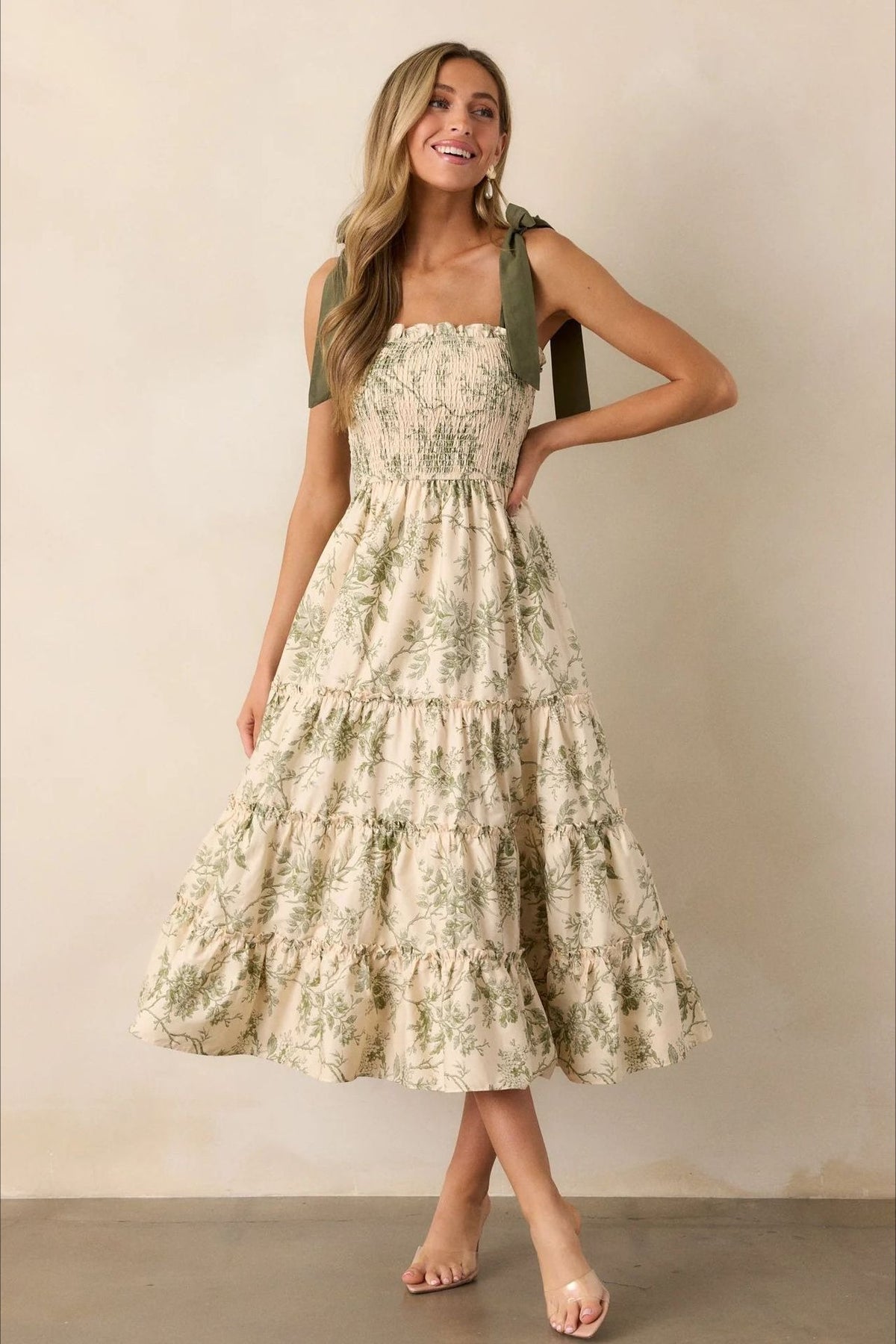 Floral Print Smocked Tie Strap Tiered Midi Dress 2