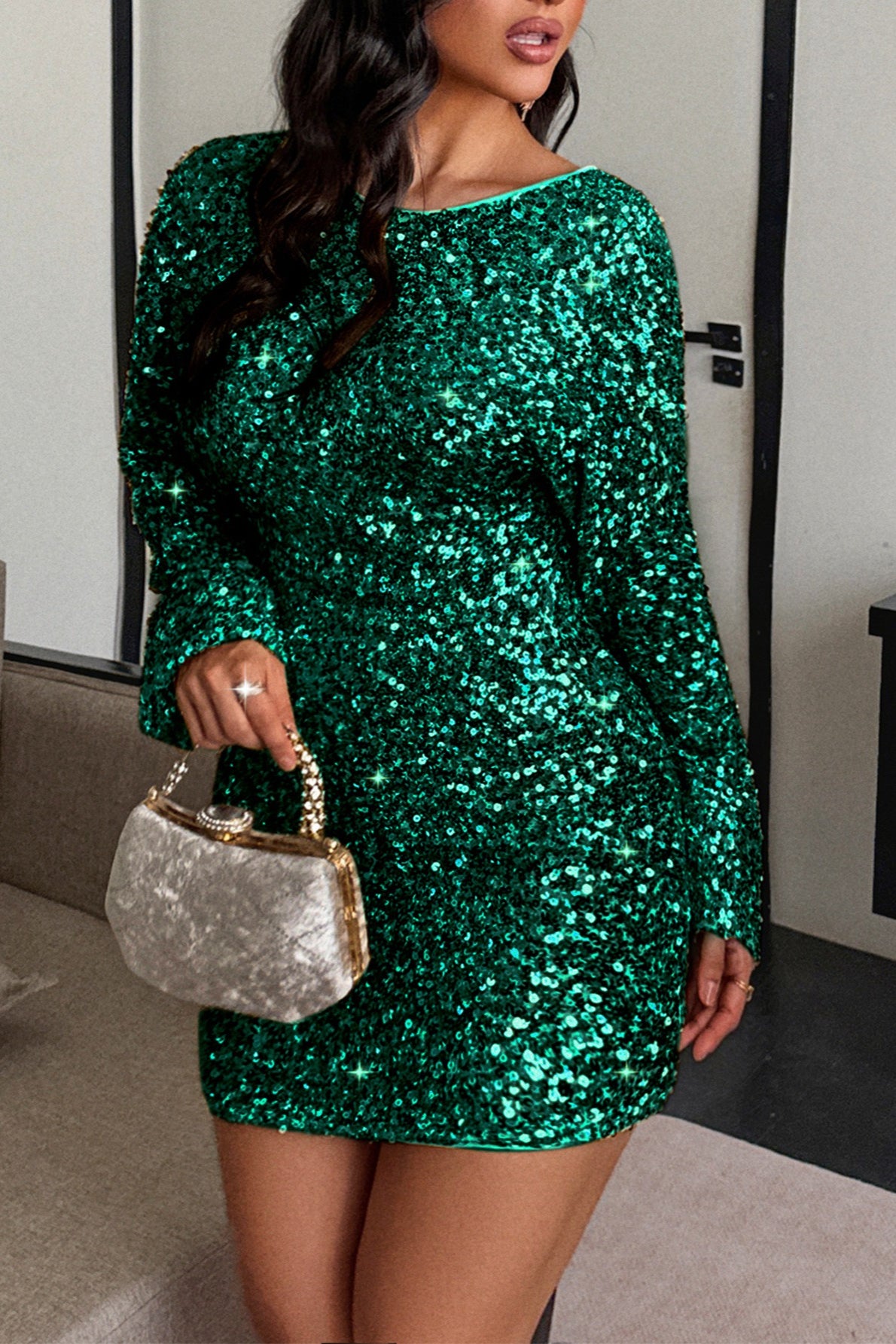 Sequin Round Neck Long Sleeve Bodycon Mini Dress
