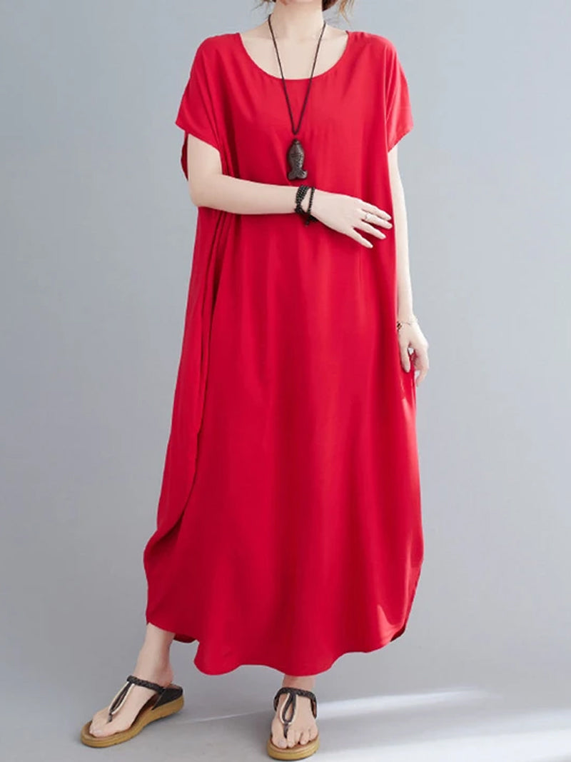 Cotton Round Neck Short Sleeve Cocoon Midi Dress 28