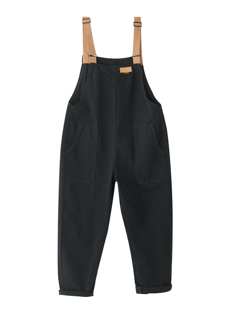 Denim Loose Shoulder Strap Large Size Black Overalls - Fashionpara