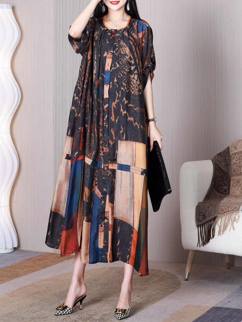Abstract Print Round Neck Button-Front A-Line Maxi Dress 2