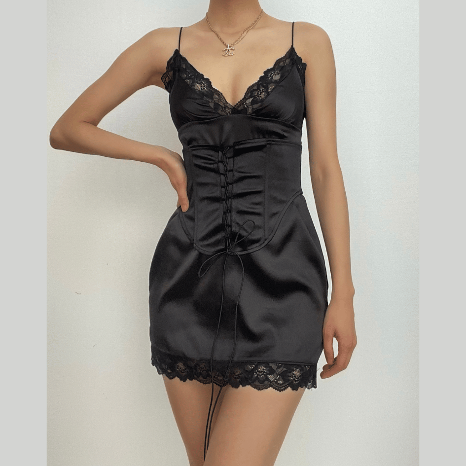 Satin V-Neck Lace Trim Lace Up Corset Mini Dress