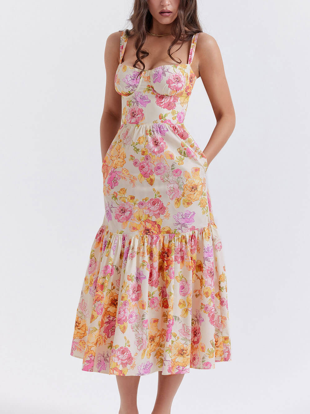 Strap A-Hem Floral Midi Dress - Fashionpara
