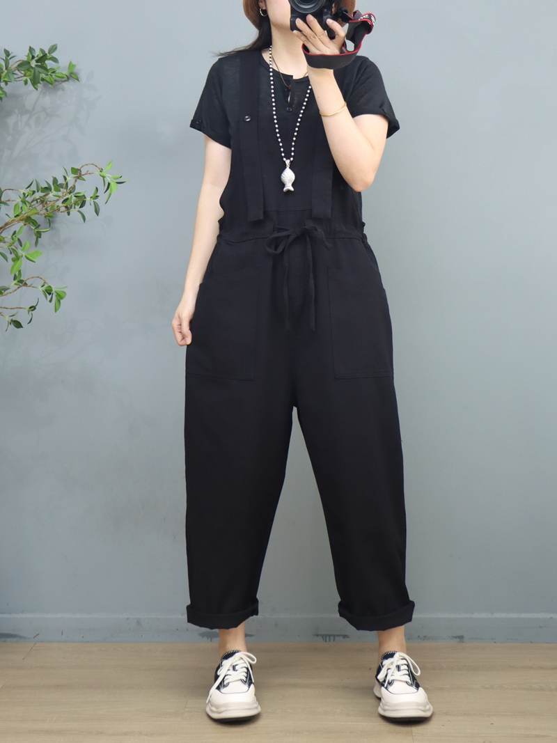 Waist Tie Belt Loose Wide-Leg Boho Pockets Overalls - Fashionpara