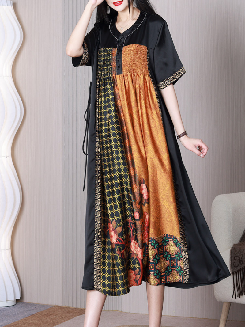 Nature Love V-neck Middlw Waist A-line Dress - Fashionpara