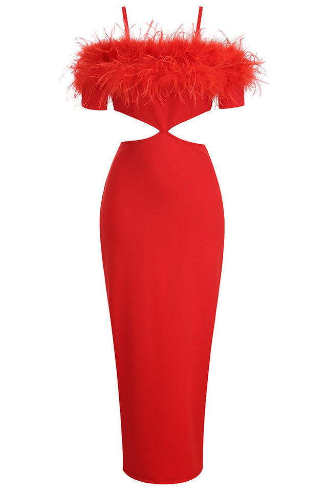 Cutout Feather Trim Spaghetti Strap Dress - Fashionpara