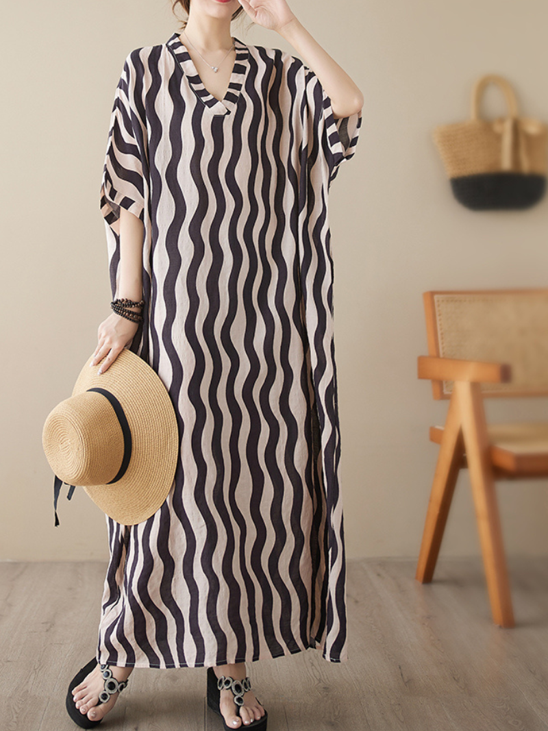 Wavy Stripe V-Neck Short Sleeve Kaftan Maxi Dress