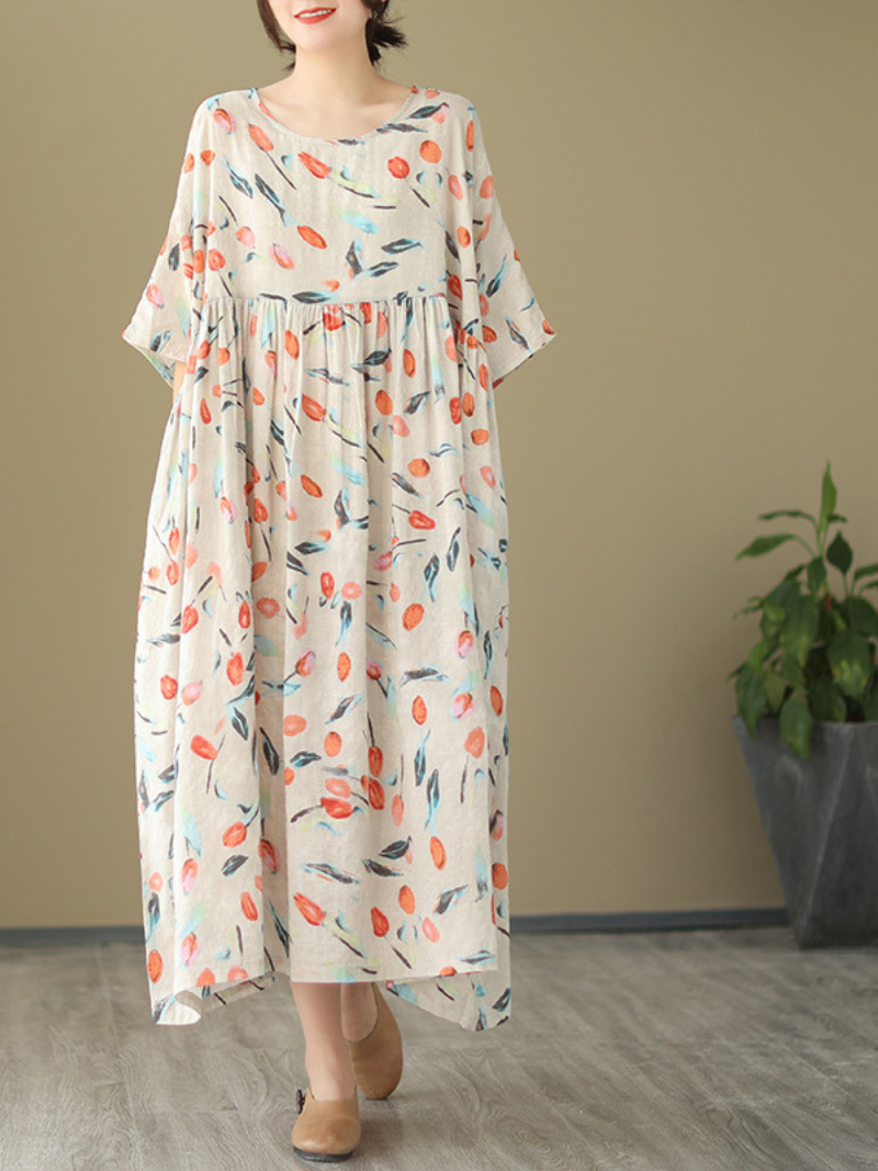 Tulip Print Round Neck Short Sleeve Smock Midi Dress 4