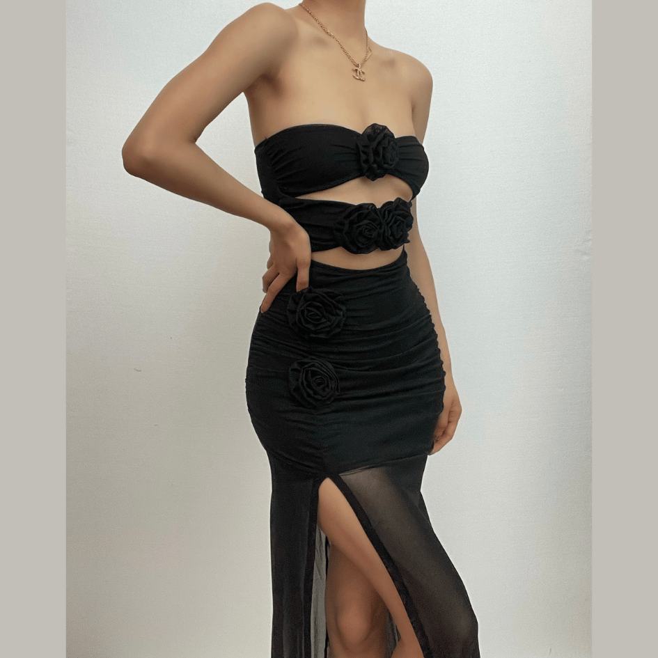 Mesh Strapless Flower Applique Cut Out High Split Maxi Dress - View 2