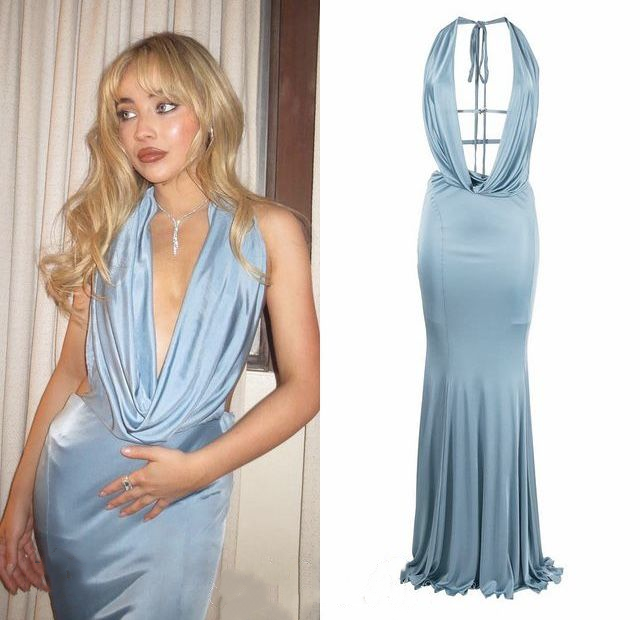 Sexy Blue Halter Satin Mermaid Prom Dress Backless Long Party Dress D837