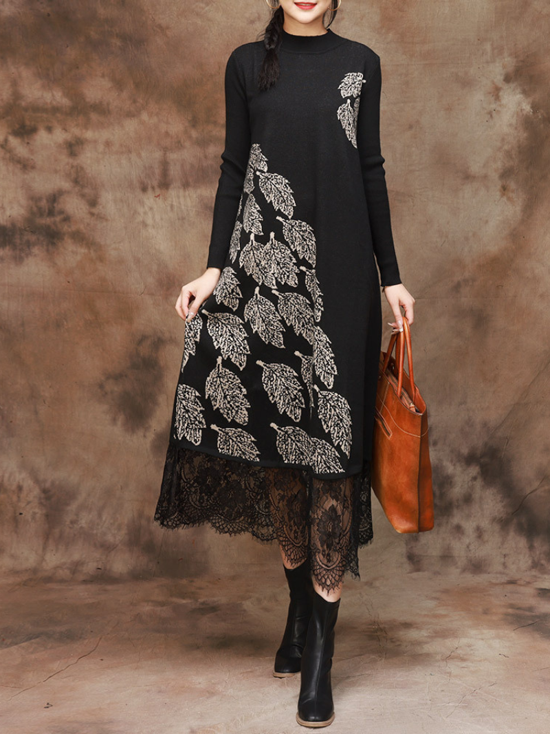 Leaf Print Mock Neck Long Sleeve Lace-Hem Knit Midi Dress 3