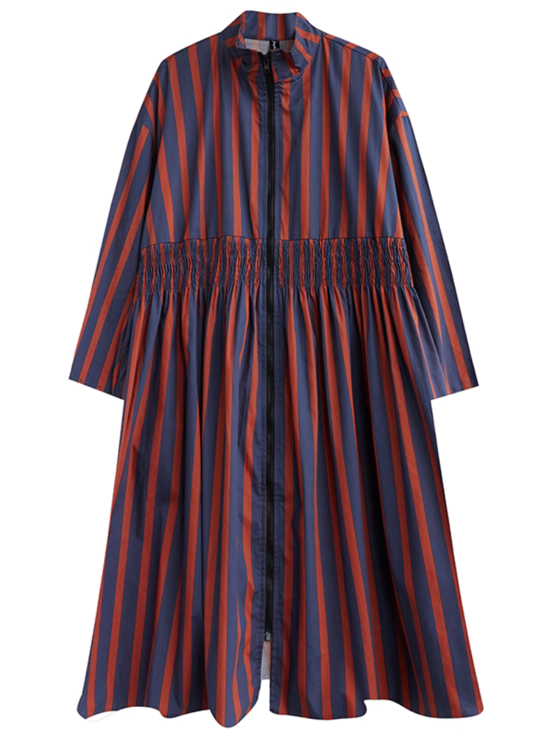 Striped Stand Collar Long Sleeve Zip-Front A-Line Midi Dress 4