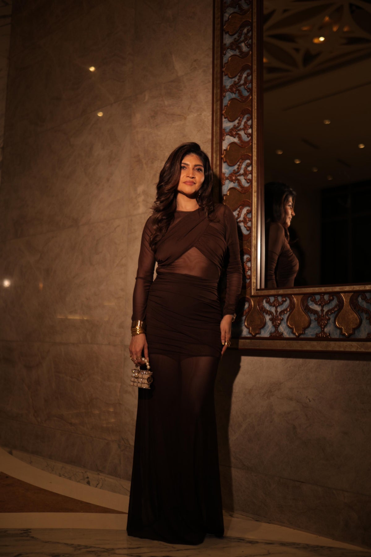 Sheer Mesh Long-Sleeve Ruched Bodycon Maxi Dress 2