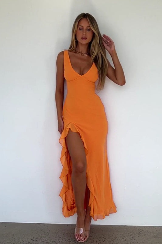 V-Neck Sleeveless Ruffle High Slit Bodycon Maxi Dress