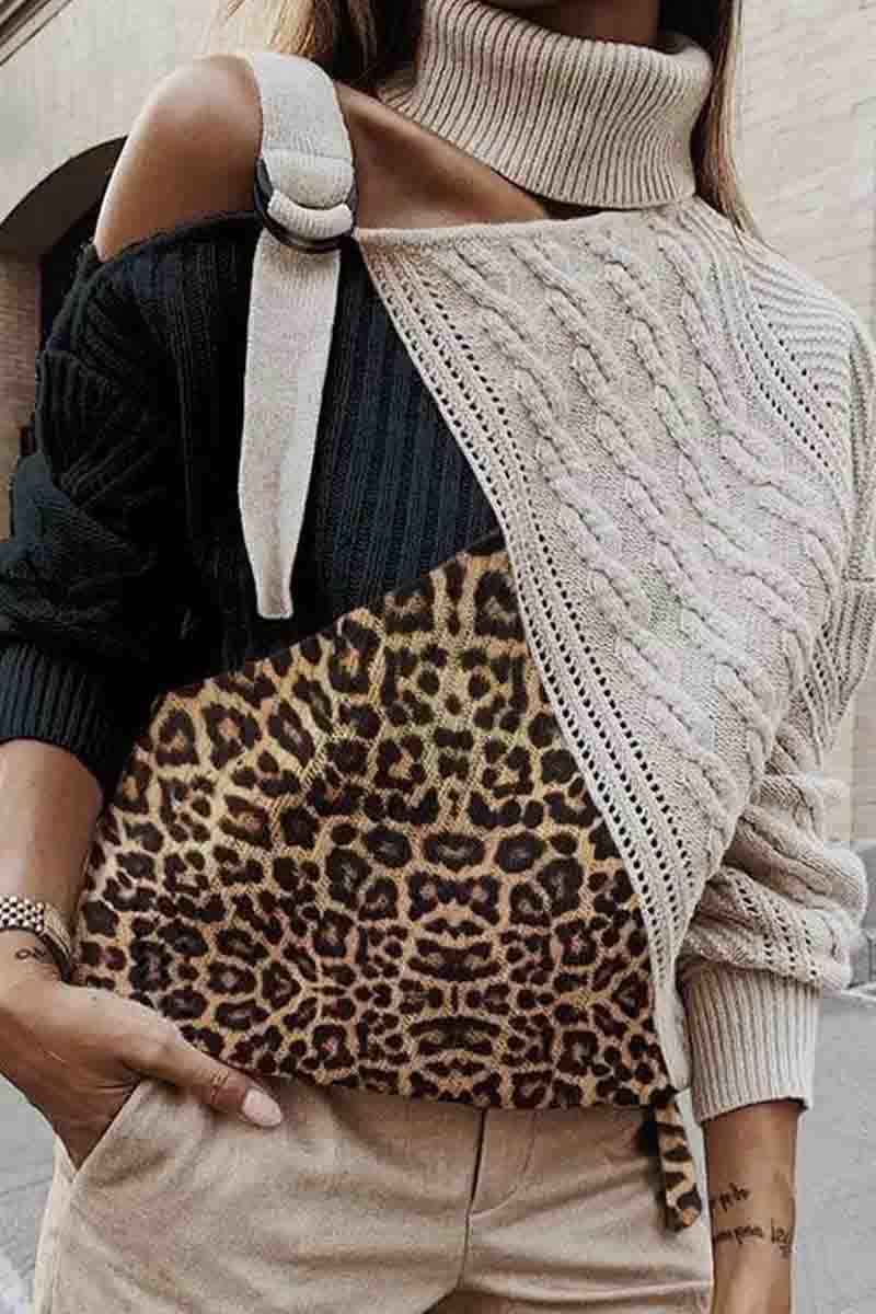 Turtleneck One Shoulder Leopard Patchwork Loose Sweater  Fashionpara