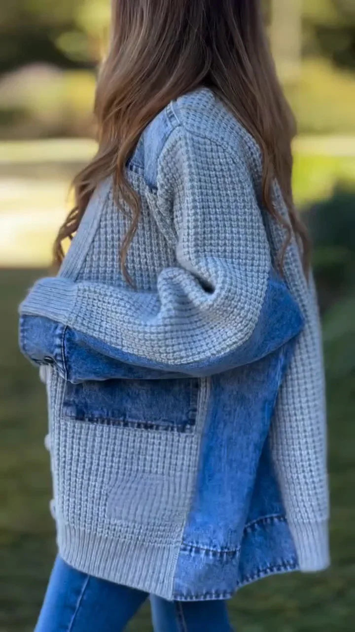 Stylish Denim Patchwork Knitted Loose Cardigan Jacket