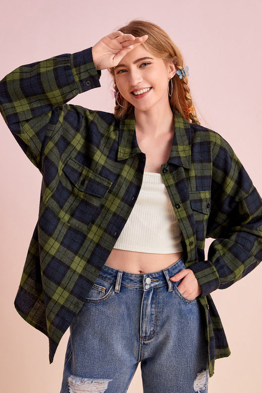 Plaid Stand Collar Button Shirt Blouse - Fashionpara