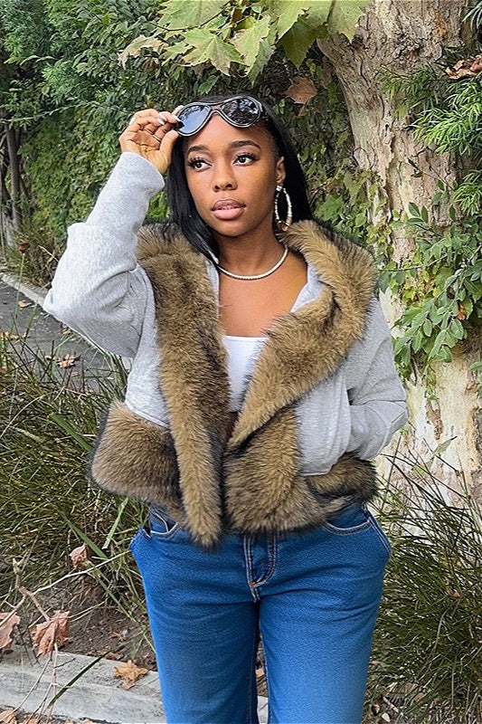 Short Loose Thick Pieced Fur Trim Hoodie 3