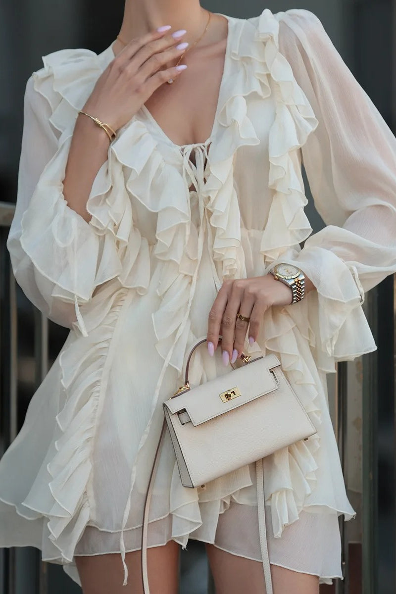 Chiffon Ruffle Tie Waist Mini Dress - View 4
