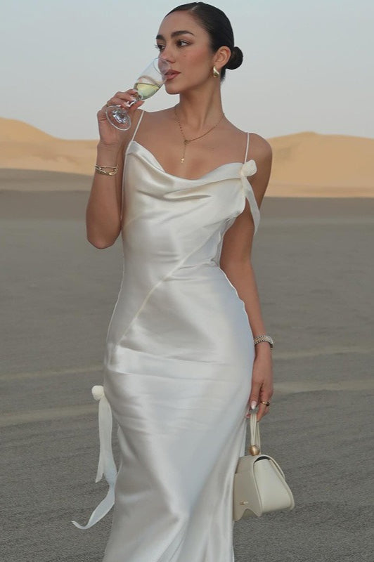 Satin Cowl Neck Spaghetti Strap Low-Back Slip Maxi Dress