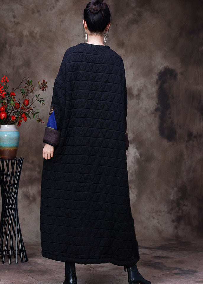 Quilted Geometric Patchwork Round Neck Long Sleeve Maxi Dress - View 4