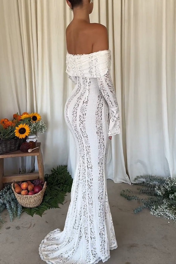 Leila Off Shoulder Floral Lace Flared Sleeve Fishtail Maxi Dress - View 5