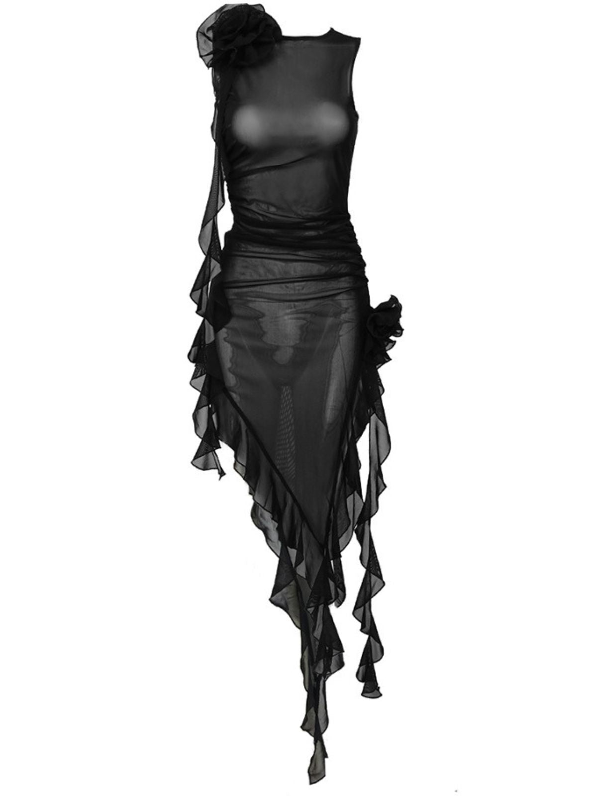 Mesh Flower Applique Ruffle High Split High Low Midi Dress - View 6