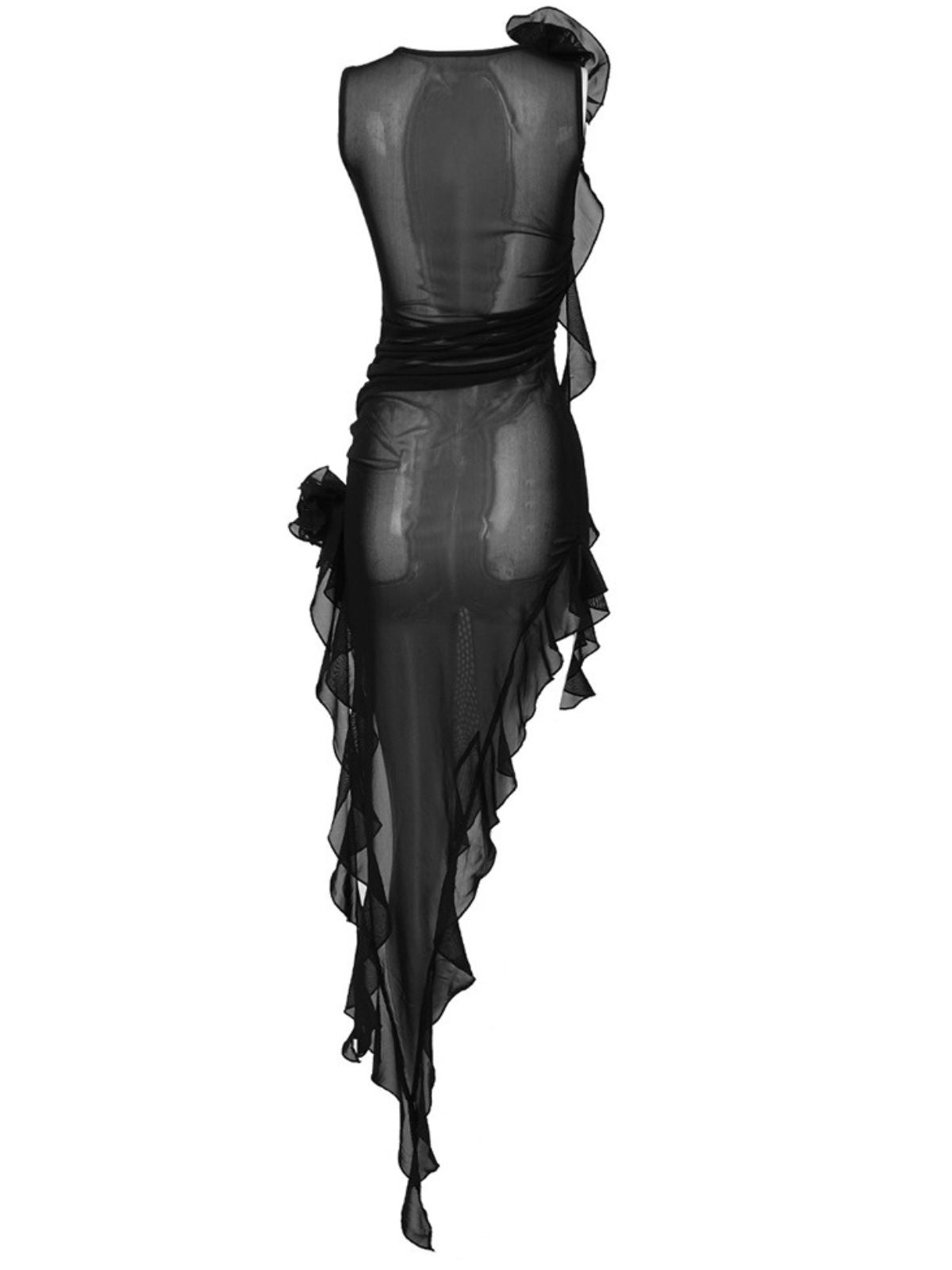 Mesh Flower Applique Ruffle High Split High Low Midi Dress - View 7