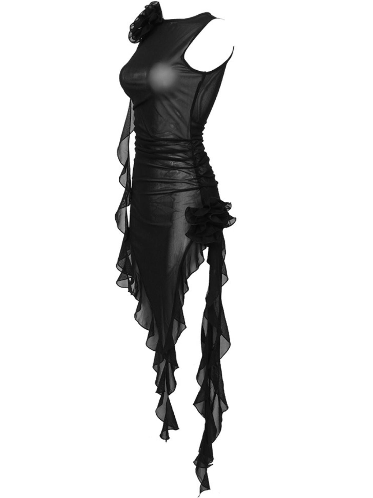 Mesh Flower Applique Ruffle High Split High Low Midi Dress - View 8