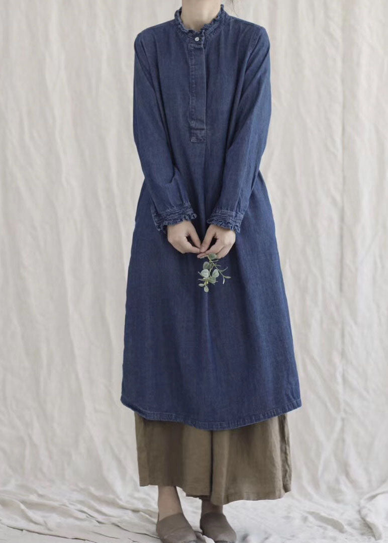 Ruffle Collar Cuff Long Sleeve Denim Button Front Midi Dress - View 2