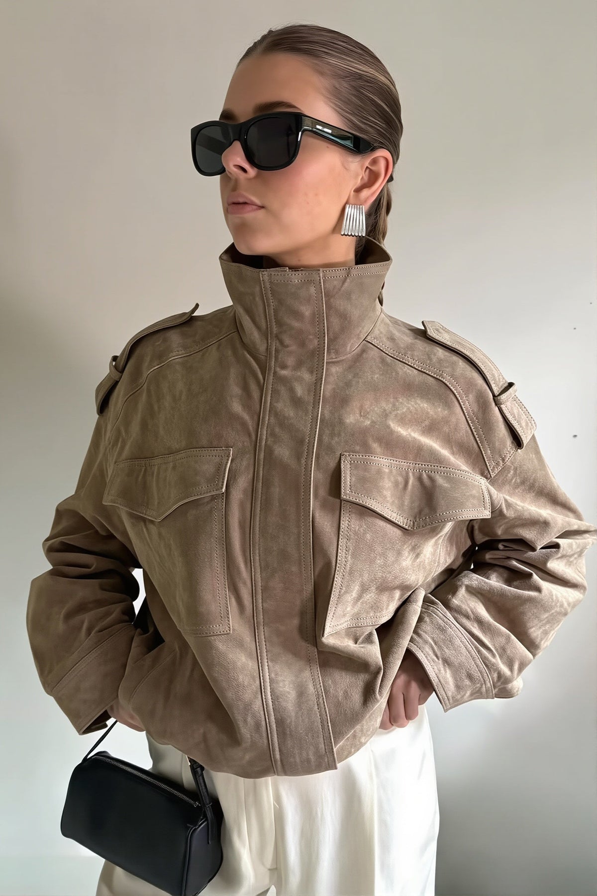 Suede Look Stand Collar Utility Bomber Jacket 4
