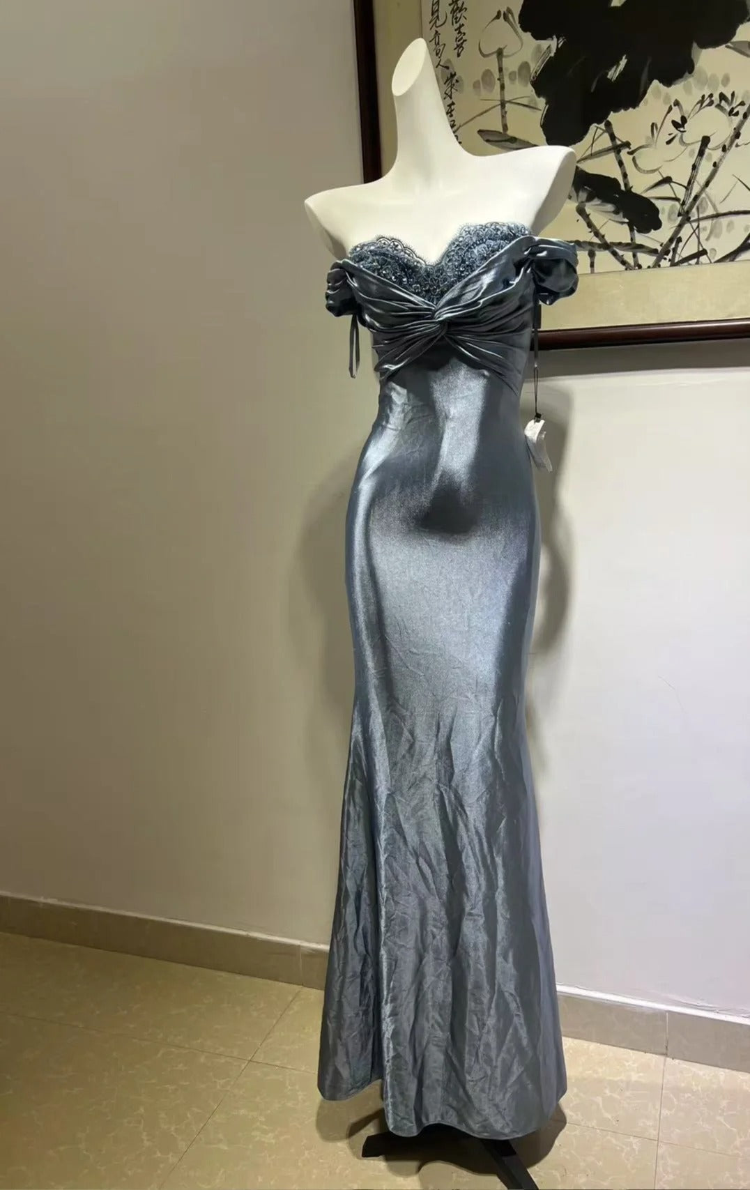 Elegant Grey-Blue Lace Knotted Satin Mermaid Long Prom Dress Evening Dress P4271