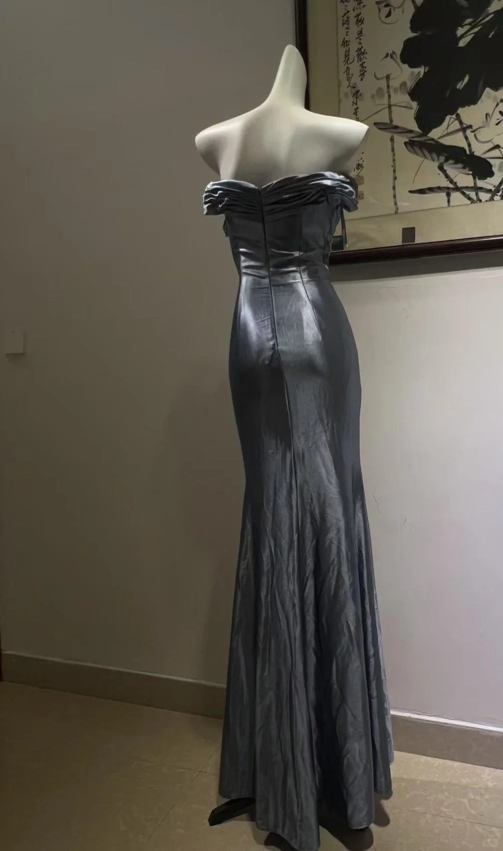 Elegant Grey-Blue Lace Knotted Satin Mermaid Long Prom Dress Evening Dress P4271