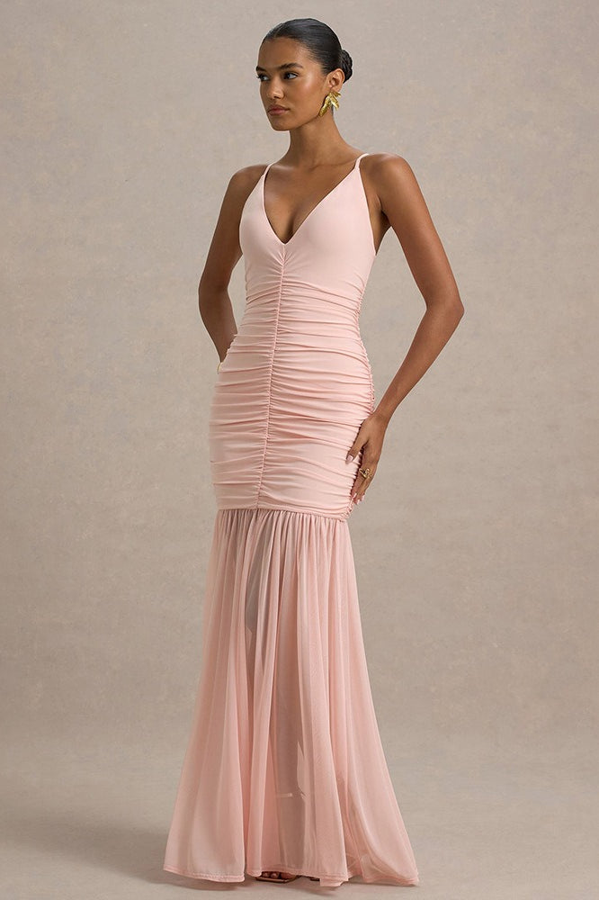 Satin Spaghetti Strap Plunge Ruched Maxi Dress - View 6